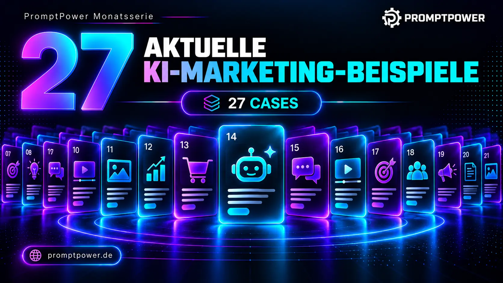 Titelbild der PromptPower-Monatsserie mit dem Schriftzug 27 aktuelle KI-Marketing-Beispiele
