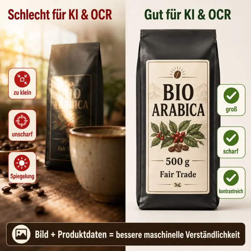 Vergleich zweier Produktbilder: ein kleines, unscharfes und spiegelndes Kaffeebild sowie eine große, scharfe und kontrastreiche Verpackung.