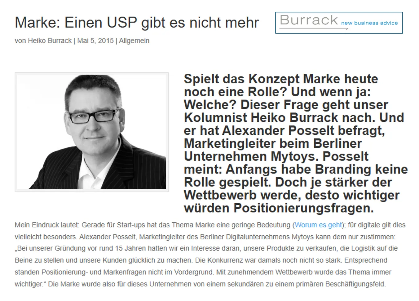 Artikelansicht des Burrack-Interviews von 2015 mit Porträt von Alexander Posselt