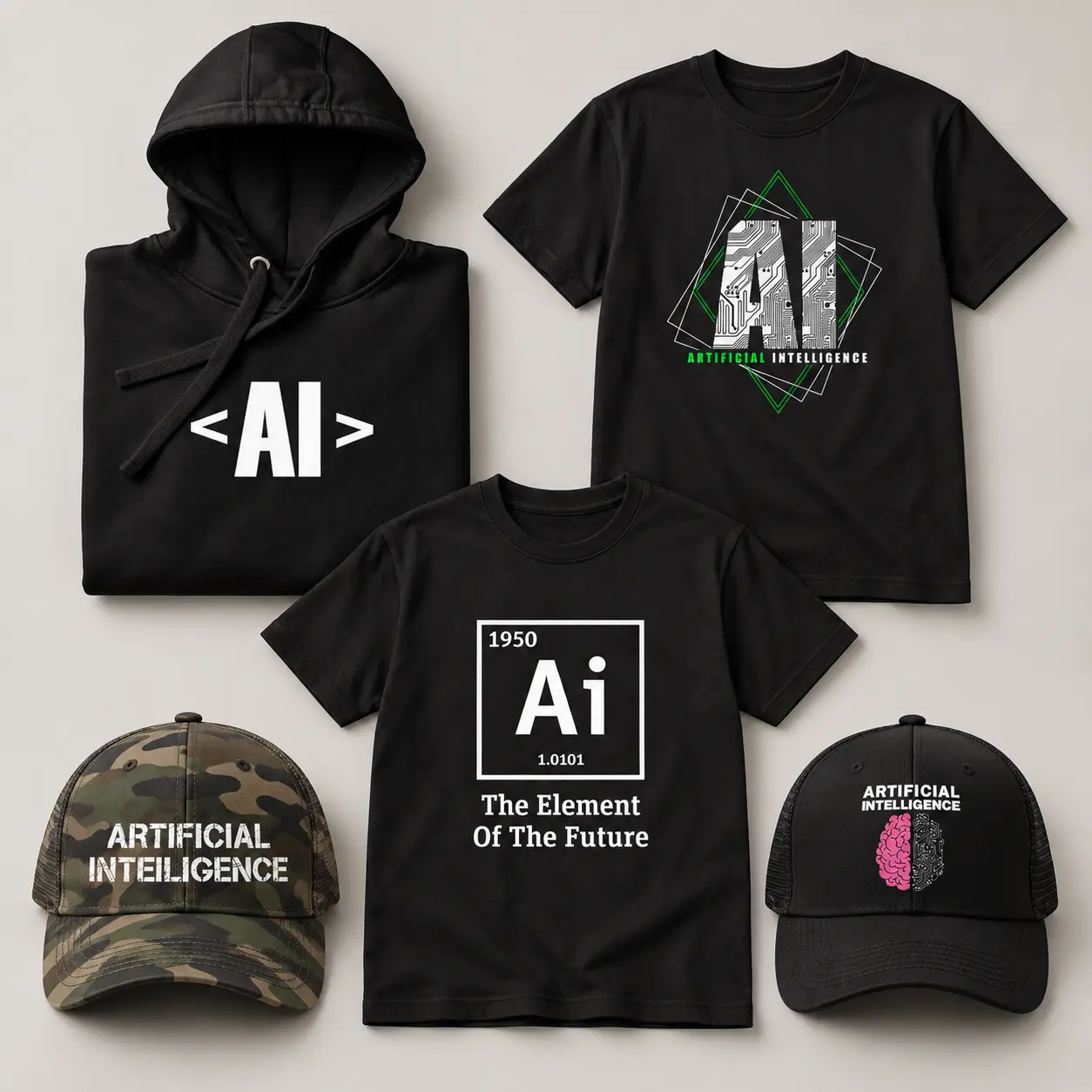 KI-Merchandising: Collage mit T-Shirts, Hoodie und Caps mit künstlicher Intelligenz als Motiv