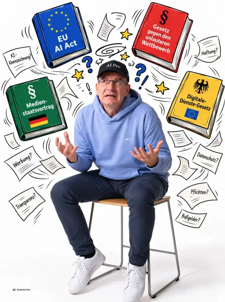 Alexander Posselt zwischen Gesetzbüchern zur Kennzeichnung von KI-Bildern