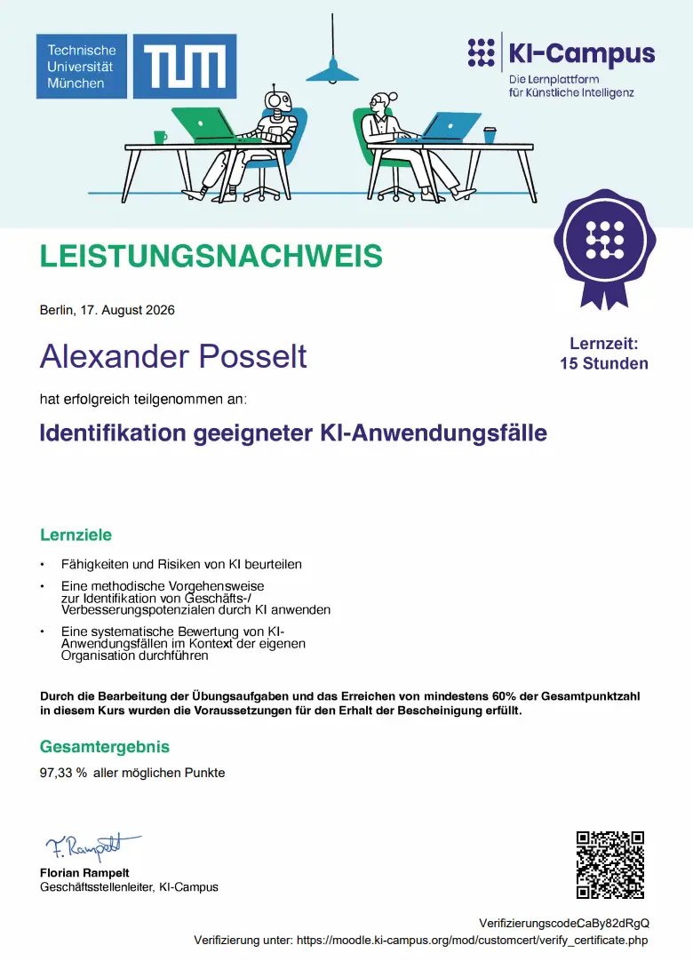 Leistungsnachweis des KI-Campus für den Kurs Identifikation geeigneter KI-Anwendungsfälle, ausgestellt auf Alexander Posselt