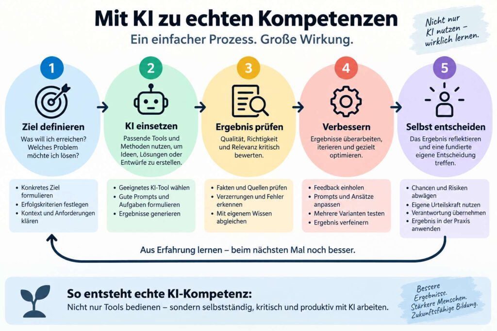 Fünfstufiger Prozess zu KI-Kompetenz: Ziel definieren, KI einsetzen, Ergebnis prüfen, verbessern, selbst entscheiden