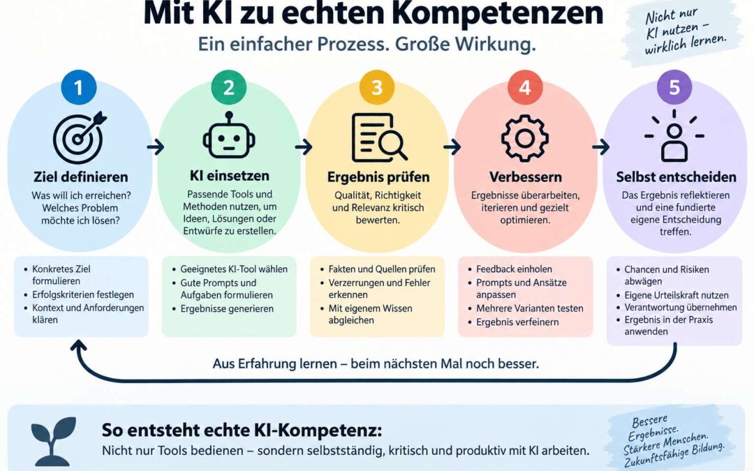 Fünfstufiger Prozess zu KI-Kompetenz: Ziel definieren, KI einsetzen, Ergebnis prüfen, verbessern, selbst entscheiden