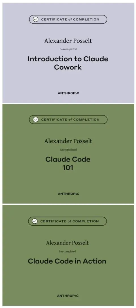 Screenshot dreier Zertifikate von Anthropic: Introduction to Claude Cowork, Claude Code 101 und Claude Code in Action, ausgestellt auf Alexander Posselt