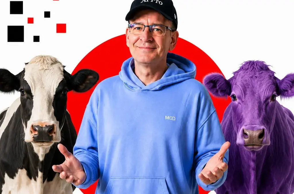 Normale und lila Kuh als Vergleich für KI-Sichtbarkeit und menschliche Aufmerksamkeit