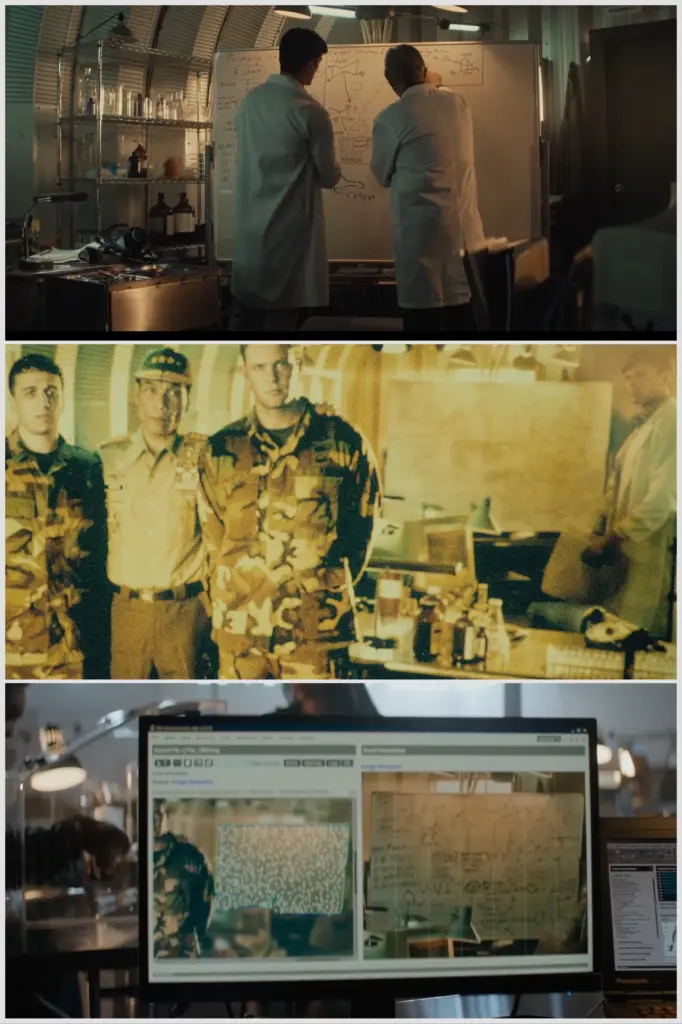 Szene aus Reacher Staffel 4, Episode 7: unscharfes Foto mit einer chemischen Formel im Hintergrund