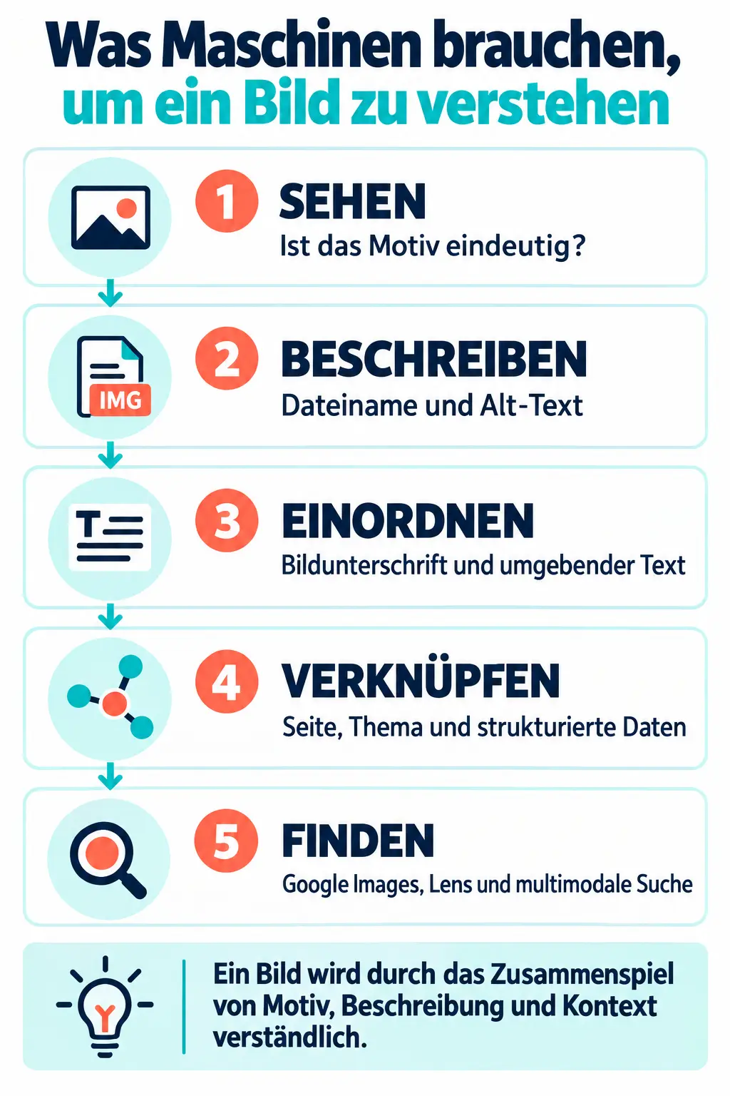 Fünf Ebenen verständlicher Bilder für die KI-Suche: sehen, beschreiben, einordnen, verknüpfen und finden.