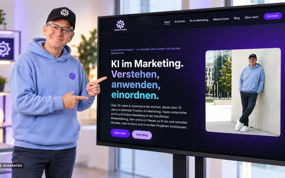 Alexander Posselt zeigt auf einem Bildschirm die PromptPower-Website.