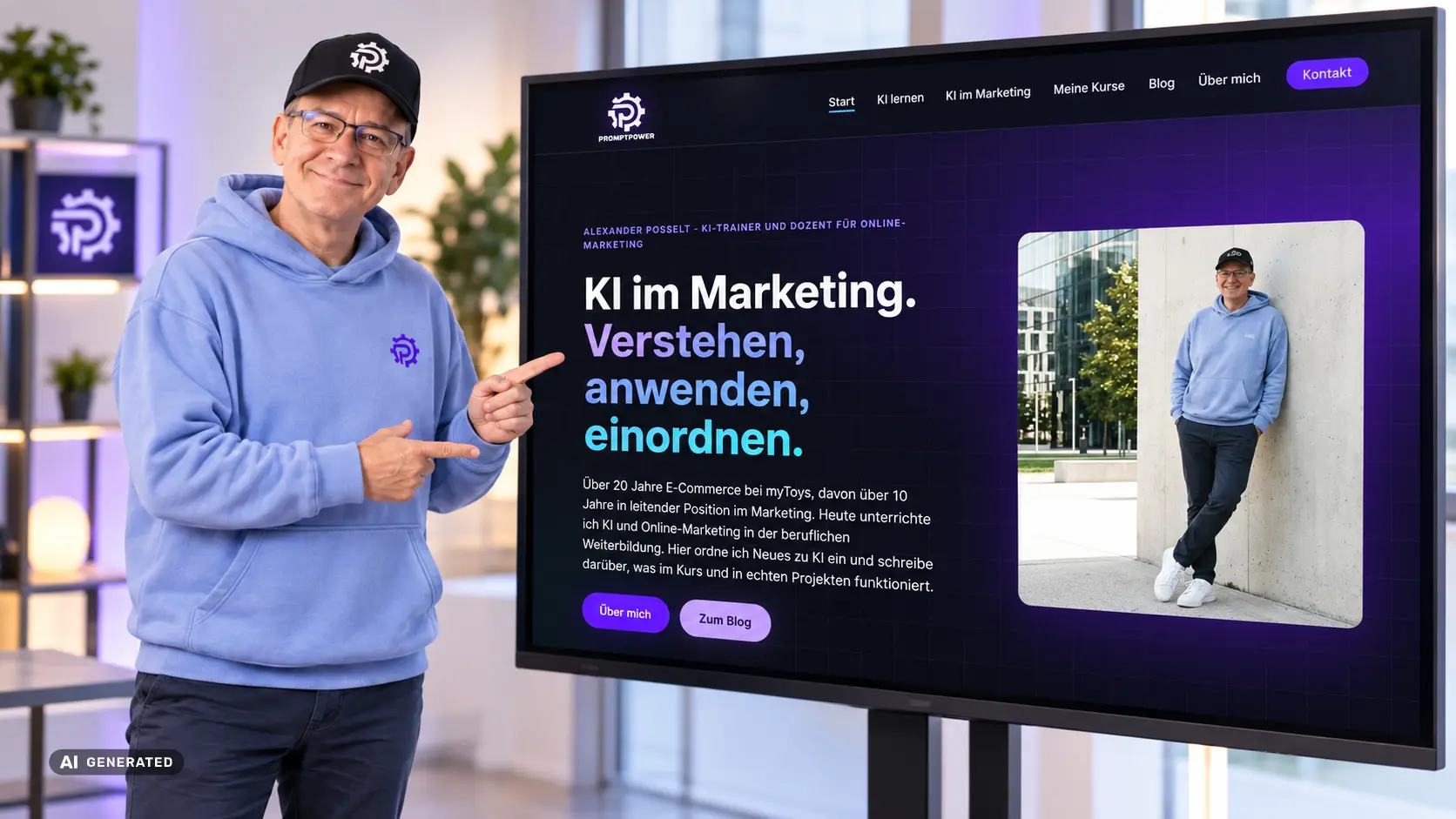 Alexander Posselt zeigt auf einem Bildschirm die PromptPower-Website