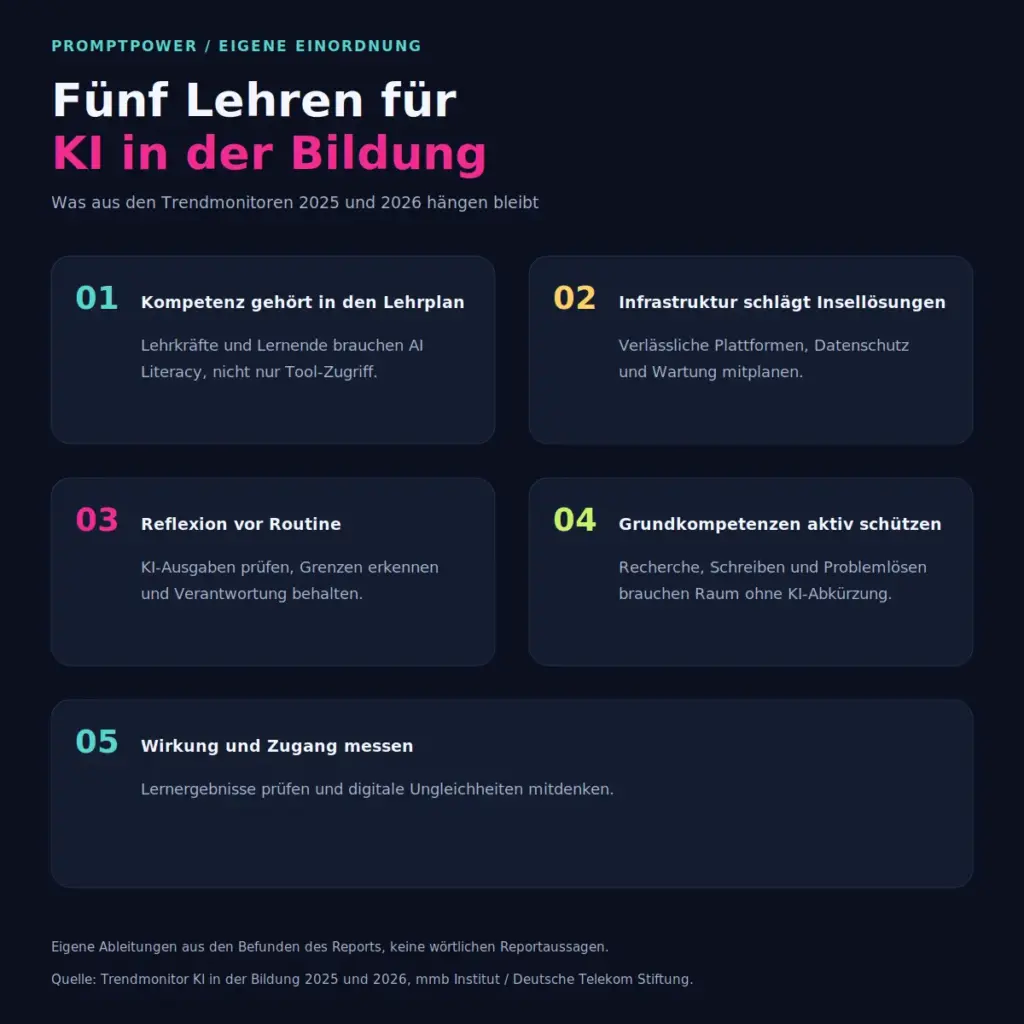 Grafik mit fünf Kernlehren aus dem Trendmonitor KI in der Bildung 2025 und 2026, PromptPower
