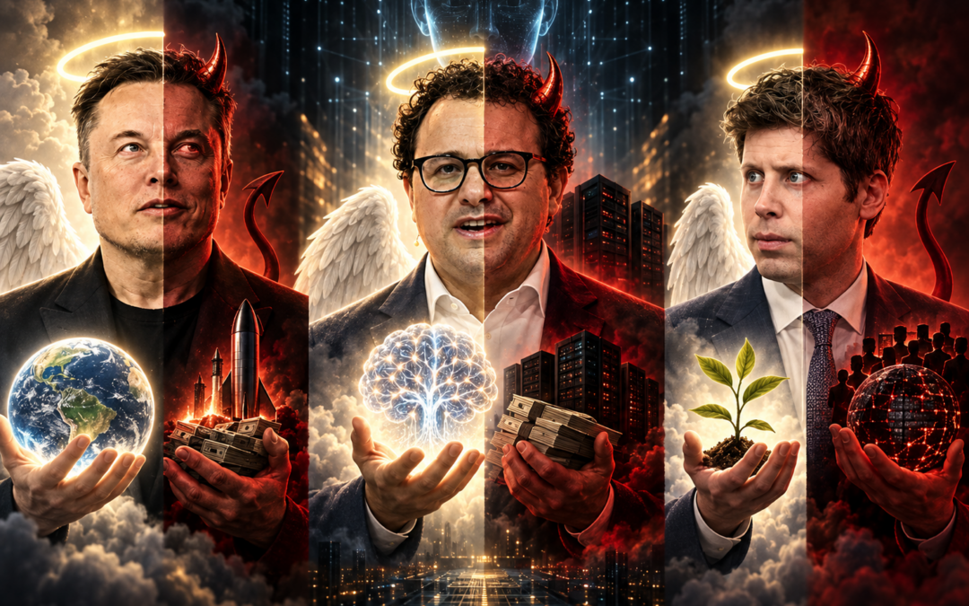Elon Musk, Dario Amodei und Sam Altman als symbolische Engel und Teufel in einer Illustration über KI Sicherheit und wirtschaftliche Interessen.