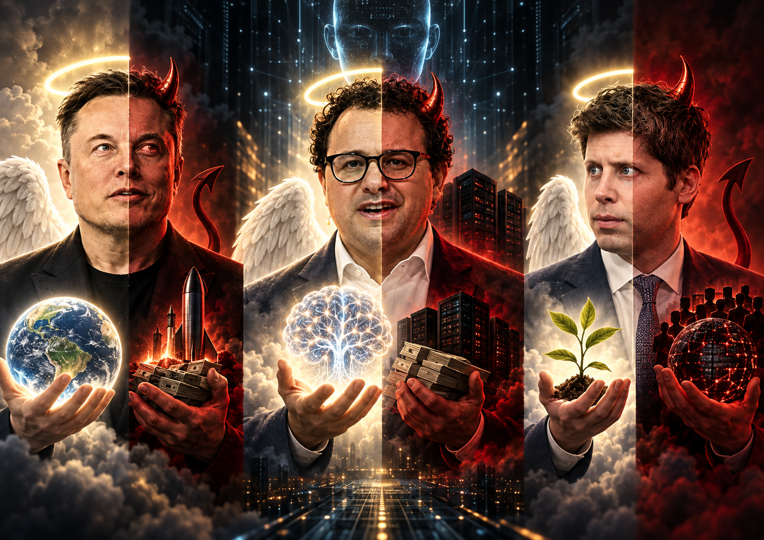 Elon Musk, Dario Amodei und Sam Altman als symbolische Engel und Teufel in einer Illustration über KI-Sicherheit und wirtschaftliche Interessen.