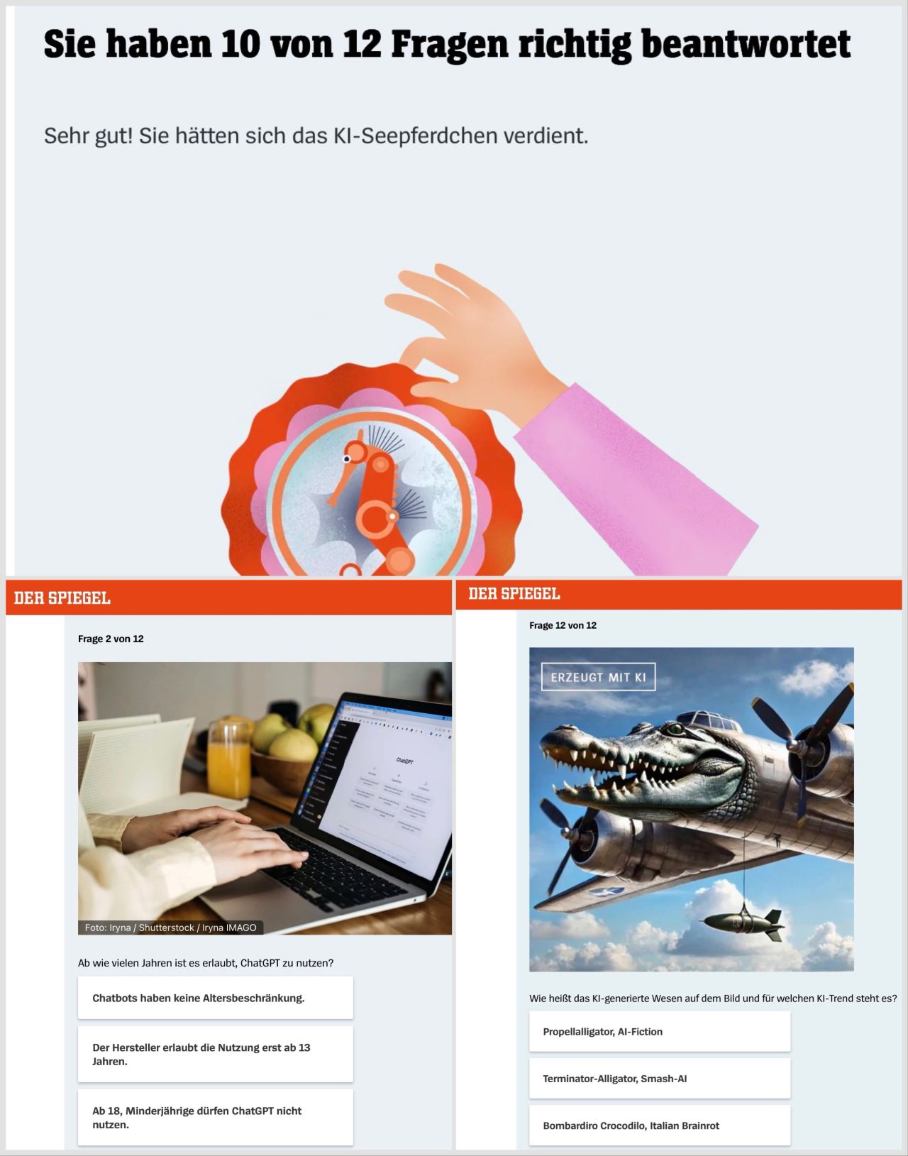 SPIEGEL-KI-Quiz mit dem Ergebnis „KI-Seepferdchen“ und einer KI-generierten Flieger-Kreatur