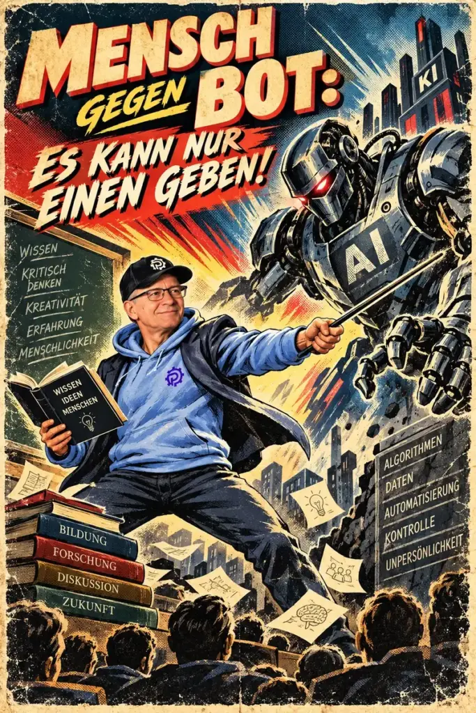Comic-Plakat „Mensch gegen Bot: Es kann nur einen geben!“: Alexander Posselt, KI-Trainer und Dozent für Online-Marketing, stellt sich mit Buch und Zeigestock einem KI-Roboter entgegen (KI-generiertes Bild)