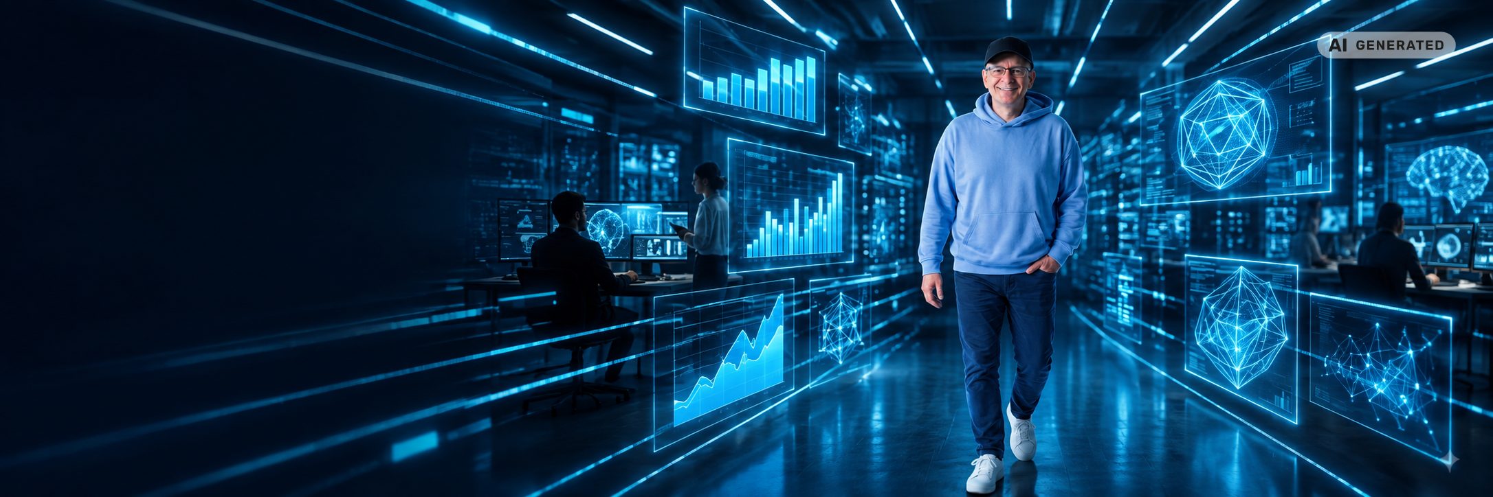 MOD KI-Kurs Banner (KI-generiert) Alexander Posselt in einem Raum voller KI-Dashboards, Banner zum Kurs KI und Automatisierung im Marketing, mit Hinweis AI generated
