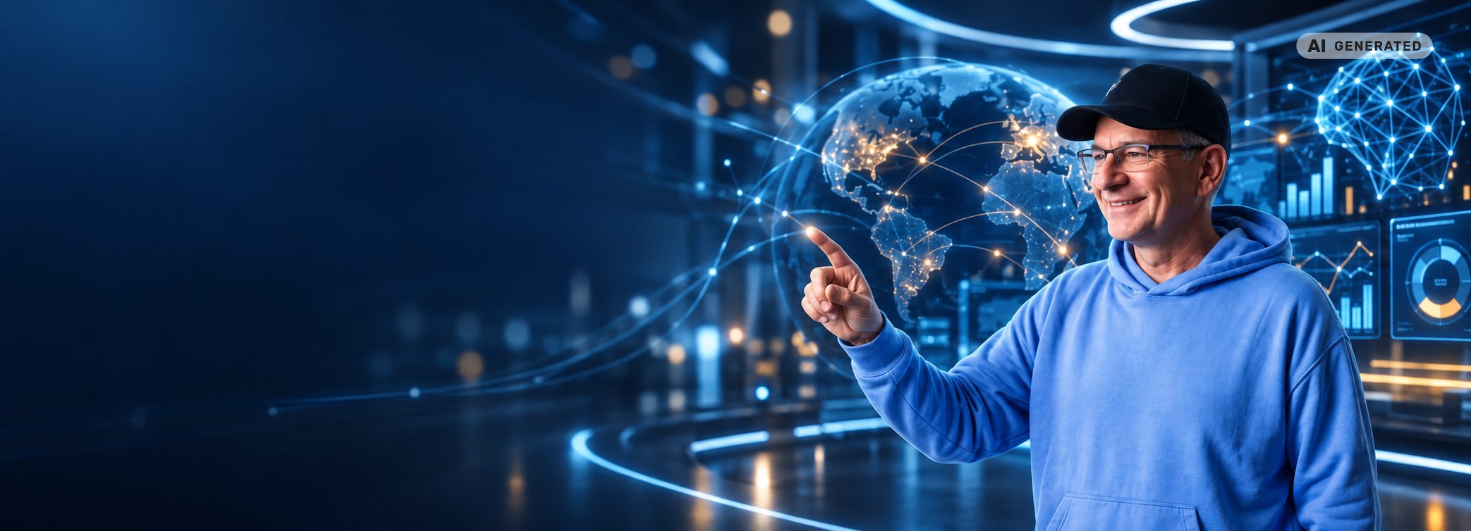 MOD SEO-Kurs Banner (KI-generiert) Alexander Posselt vor einem Netzwerk aus Suchdaten, Banner zum Kurs SEO, GEO und Digitale Content-Entwicklung, mit Hinweis AI generated