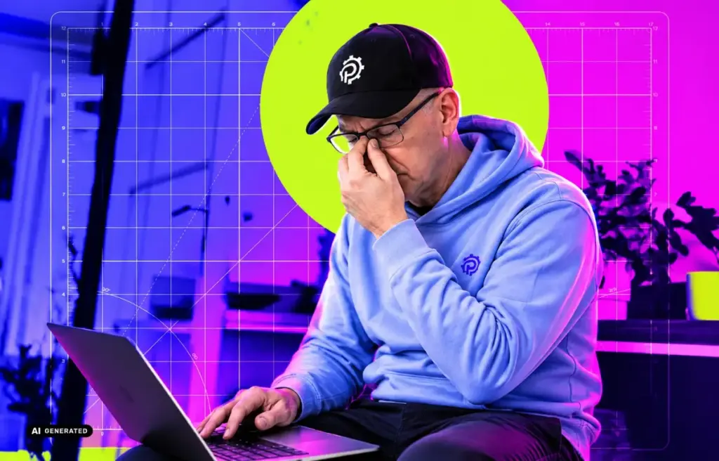 Erschöpfter Mann mit PromptPower-Kappe am Laptop reibt sich die Augen (KI-generiertes Bild)