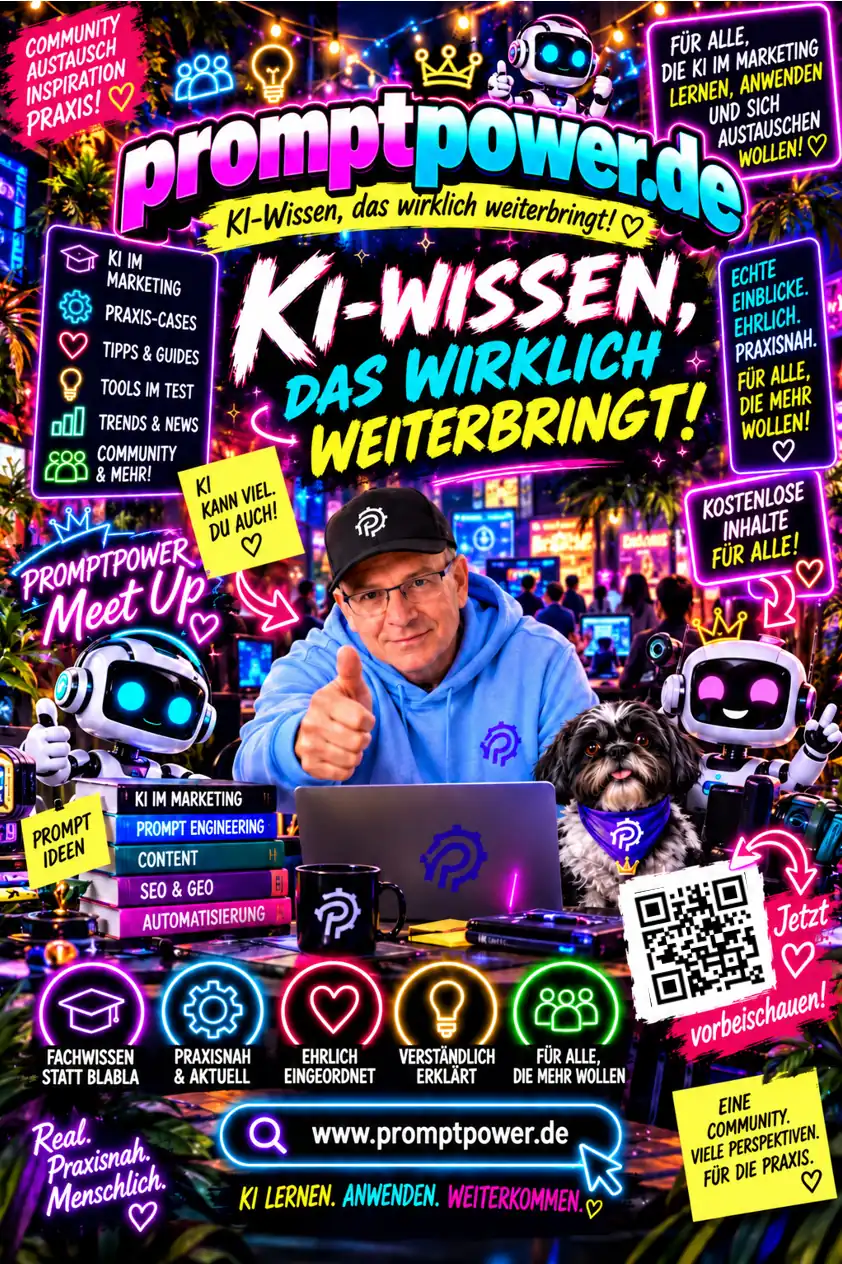 Hochformatiger, knallbunt überladener KI-Flyer für promptpower.de mit der Aufschrift „KI-Wissen, das wirklich weiterbringt!“ und Alexander Posselt mit Daumen hoch