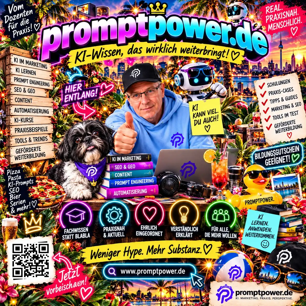 Quadratischer, knallbunt überladener KI-Flyer für promptpower.de mit Palmen, Hund, Icons und Alexander Posselt mit Daumen hoch