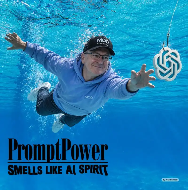 Alexander Posselt taucht unter Wasser nach einem KI-Logo an der Angel, darunter der Schriftzug „PromptPower – Smells Like AI Spirit“