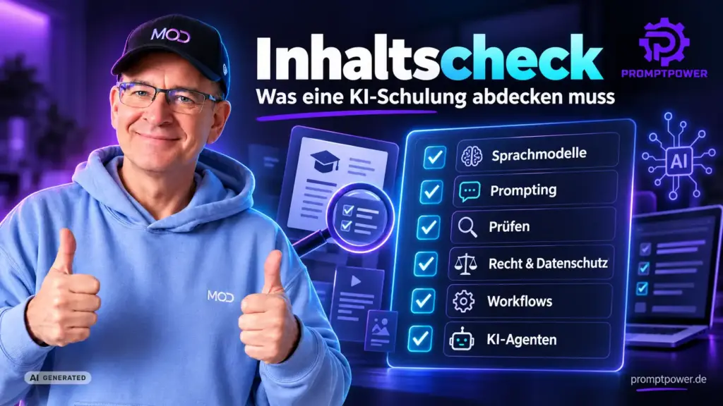 Inhaltscheck: Was eine KI-Schulung abdecken muss. Alexander Posselt mit Daumen hoch neben einer Checkliste: Sprachmodelle, Prompting, Prüfen, Recht und Datenschutz, Workflows, KI-Agenten (KI-generiertes Bild)
