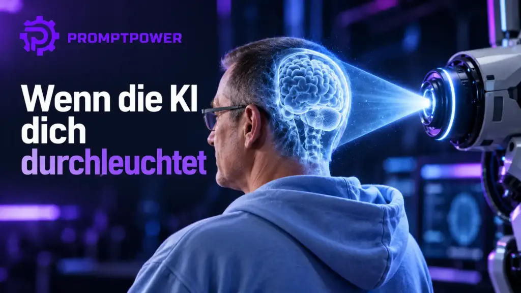 Mann im blauen Kapuzenpulli von hinten, ein Scanner durchleuchtet seinen Kopf und macht das Gehirn sichtbar, daneben der Schriftzug Wenn die KI dich durchleuchtet