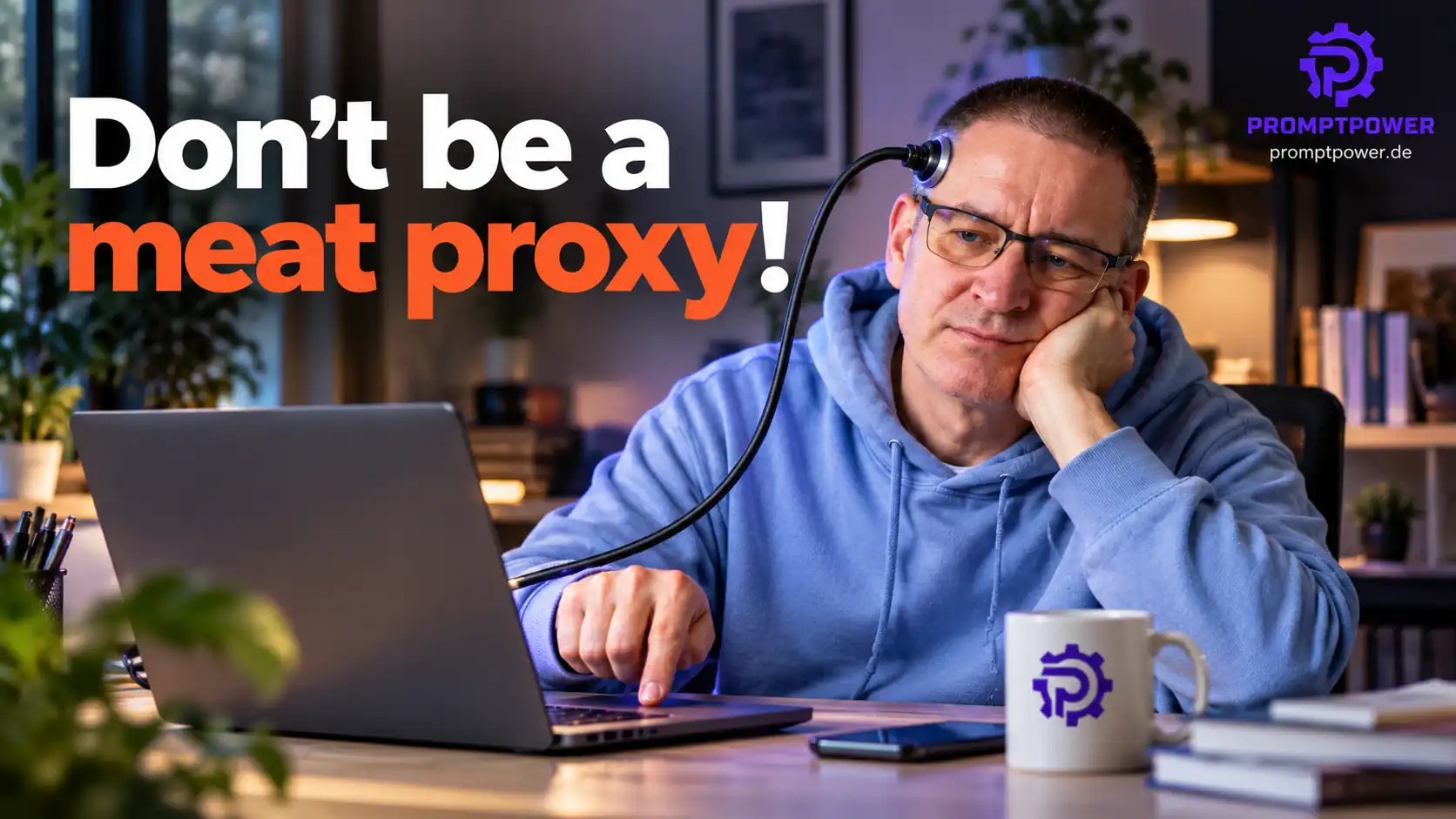 Mann im blauen Kapuzenpulli sitzt gelangweilt am Laptop, ein Kabel führt vom Rechner direkt an seine Stirn, daneben der Schriftzug Don’t be a meat proxy!